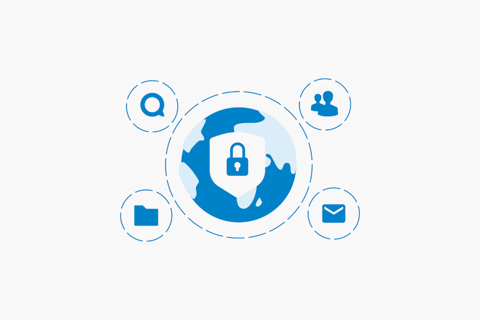 Zentrales Schloss auf Globus-Icon, umringt von vier Icons für Benutzerverwaltung und E-Mail