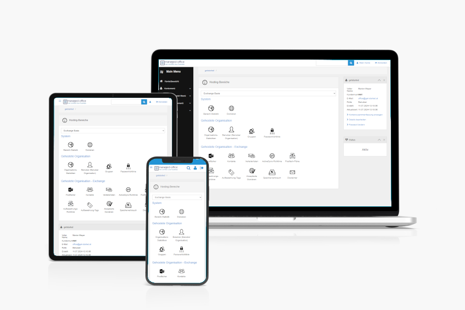Responsive IT-Administrationsoberfläche auf Laptop, Tablet und Smartphone