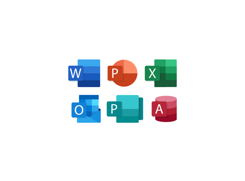 Microsoft Office-App Logos wie Word, Excel, PowerPoint und Outlook